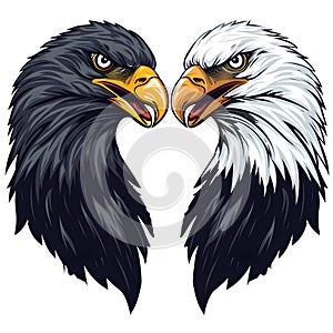 Two eagles with distinct plumage face one another, showcasing their fierce expressions and vibrant colors photo