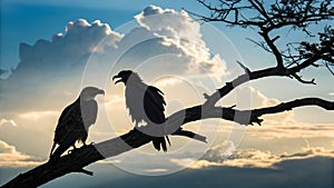 Two eagles perched on a tree branch at sunset bird