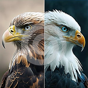 Two eagles white and brown look in different directions, close-up, isolated. Symbol of unity of opposites, yin and yang