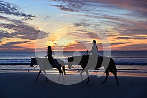 Two early morning riders slowly walk their horses along the ocean waves photo