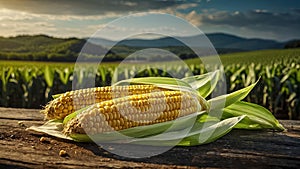 Two Ears Of Corn Resting On Wooden Table With A Vast Cornfield And Mountains Under A Cloudy Sky