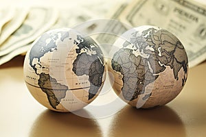 Two earth globes on a background of a pile of dollars bills money. International investment, money around world concept. Global