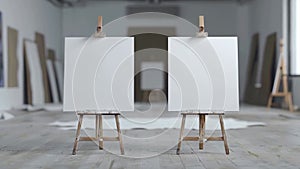 Two easels with blank canvas in bright minimalistic interior of the exhibition hall. Front view