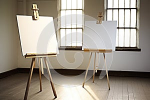 two easels with blank canvases in a well-lit room