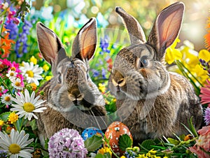 Two Easter bunnies frolic among colorful eggs, surrounded by blooming flowers and lush grass