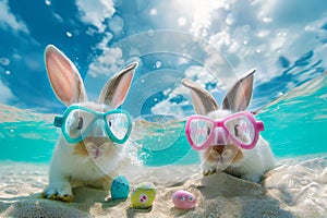 Two Easter bunnies with snorkel masks hunting colorful eggs on sandy sea bottom under blue sky. Easter travel holidays background