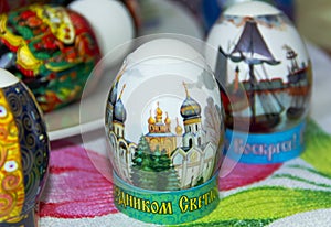 Two Easter eggs closeup on the table