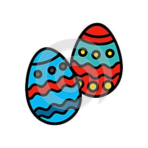 Two easter eggs decorated with colorful designs on white