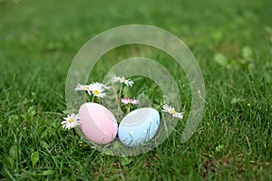 Two easter eggs, ping and blue, in a grass