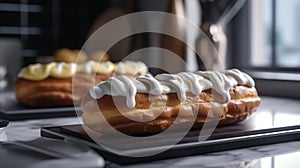 Two eclairs with chocolate icing on the table close-up.