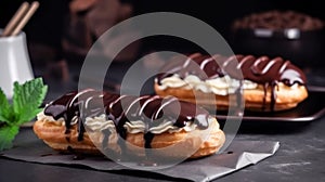 Two eclairs with chocolate icing on the table close-up.
