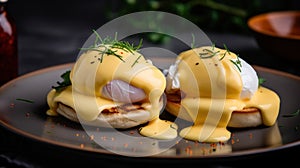 Two eggs benedicts on a plate with sauce. Generative AI image.