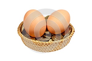 Two eggs with coins in a basket