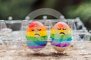 Two eggs are colored in the colors of the rainbow as a flag of g