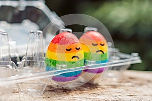 Two eggs are colored in the colors of the rainbow as a flag of gays and lesbians as well as Easter eggs. Homosexual concept