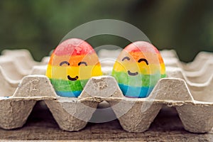 Two eggs are colored in the colors of the rainbow as a flag of gays and lesbians as well as Easter eggs. Homosexual