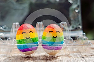 Two eggs are colored in the colors of the rainbow as a flag of gays and lesbians as well as Easter eggs. Homosexual