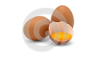 Eggs and a half of chicken egg with yolk in egg shell  on white background