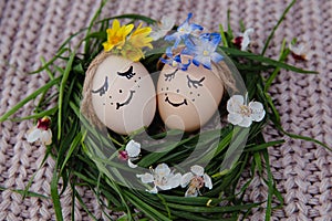 Two eggs with painted faces lie in a nest with grass and bloom, dressed in wreaths of yellow-blue flowers