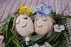 Two eggs with painted faces lie in a nest with grass and bloom, dressed in wreaths of yellow-blue flowers