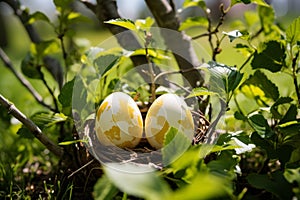 Two eggs in a spring nest symbolizing the rebirth and continuation of life