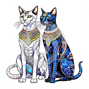 Two Egyptian cats, black and white, isolated on a white background, drawing in Art Nouveau style