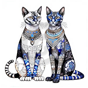 Two Egyptian cats, black and white, isolated on a white background, drawing in the Art Nouveau style