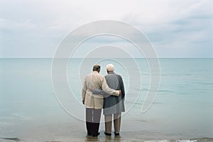 Two elderly gentlemen stand close together, gazing at the ocean, embracing a momentt of serenity and companionship