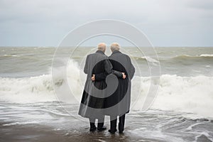 Two elderly gentlemen stand shoulder to sholder, looking out over a turbulent sea, sharing a moment of contemplation