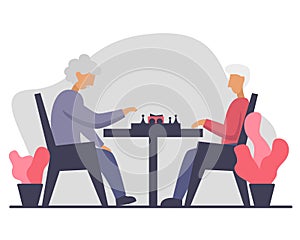 Two elderly men playing chess at the table. Nursing home concept vector illustration. Indoor activities, board games and