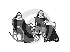Two elderly nuns are sitting in armchairs