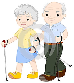Two elderly people nordic walking