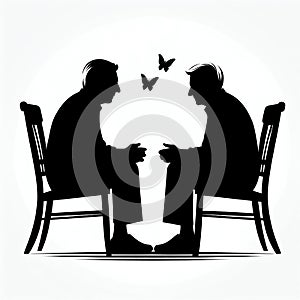 Two elderly people sitting on a chair and gossiping together clipart silhouette in black colour. Elder Friends vector