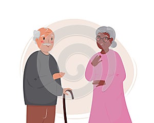 Two elderly people talking to each other. White man and dakr skin woman
