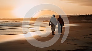 Two elderly people walking on the beach at sunset. AI generative image