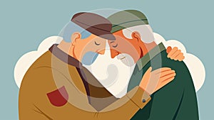 Two elderly veterans embrace their weathered faces united in prayer for their fallen comrades.. Vector illustration. photo