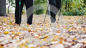 Two elderly women are doing Scandinavian walking in the park. Feet. Fall season