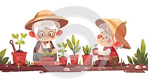 Two elderly women are planting flowers in a garden