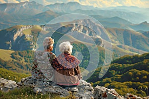 two elderly women sitting on a mountainside, back view of old ladies relaxing in the fresh air, family values concept