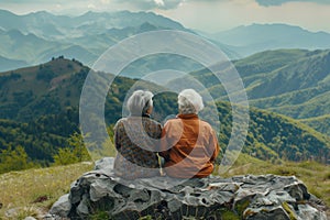 two elderly women sitting on a mountainside, back view of old ladies relaxing in the fresh air, family values concept