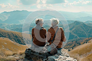 two elderly women sitting on a mountainside, back view of old ladies relaxing in the fresh air, family values concept