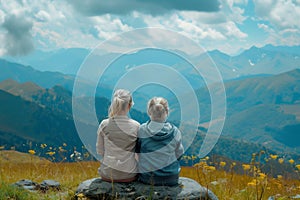 two elderly women sitting on a mountainside, back view of old ladies relaxing in the fresh air, family values concept