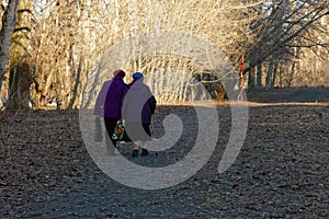 Two elderly women walk along the path in the park