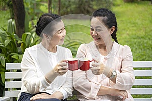 Two elderly women who were friends were bumping into a glass to celebrate friendship in the backyard