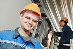 Two electrician worker at cabling