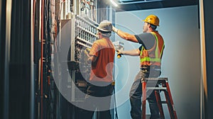 Two Electricians Working on Electrical Panel in a Building