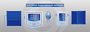 Two electronic digital tonometers arterial blood pressure monitors measuring results display realistic set transparent background photo
