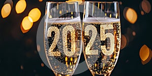 Two elegant champagne glasses clinking, with bubbles and soft splashes forming the numbers 2025. photo