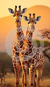 Two elegant giraffes standing majestic in the scenic african savannah grasslands