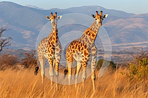 Two elegant giraffes standing tall in the picturesque african savannah landscape